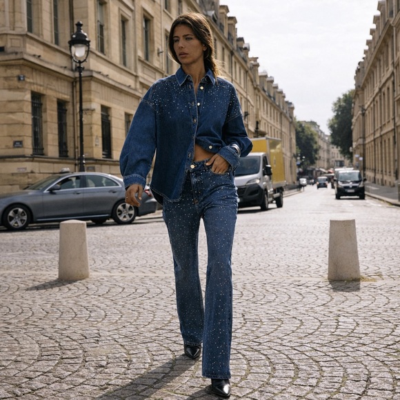 Zara Denim - Zara Rhinestone Straight Leg Jeans XS 24 US 2 | High Rise Blue Y2K Party Denim